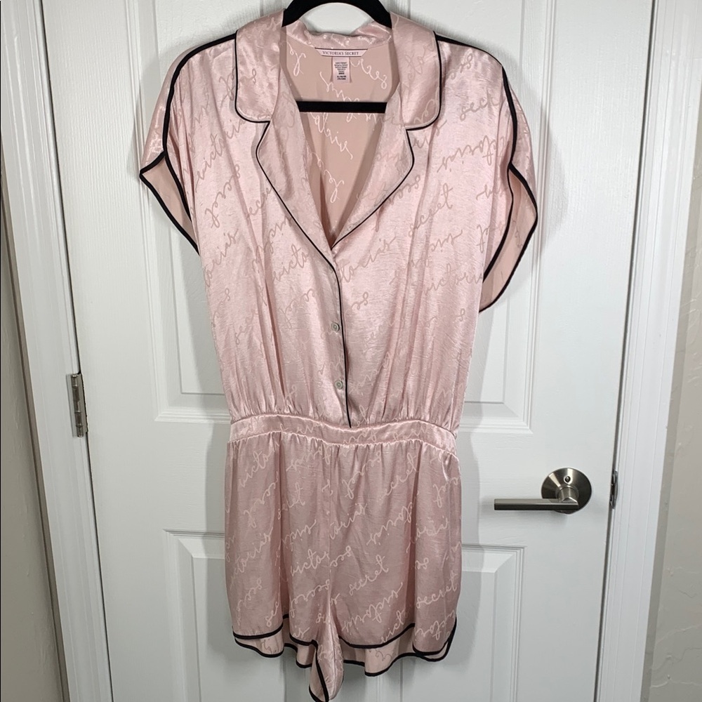 Victoria’s Secret Satin Romper Pink With Black Trim Size Xl
